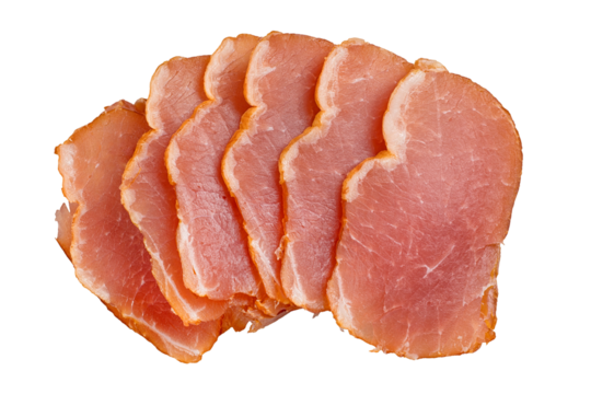 Smoked ham slices top view. Png isolated with transparency