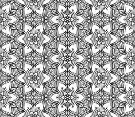 Flower lace seamless pattern. Modern floral hand drawn abstract botanical ornament. Retro black fashion backdrop. Flat decorative plant textile texture. Endless vintage monochrome geometric wallpaper