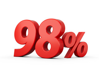 3d Red 98% Ninety Eight Percent Sign on White Background 3d illustration