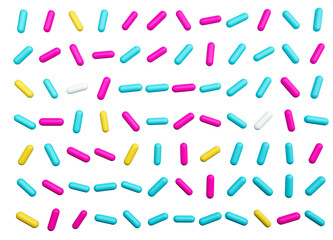 Colorful sprinkles on a white background, top view 3d illustration