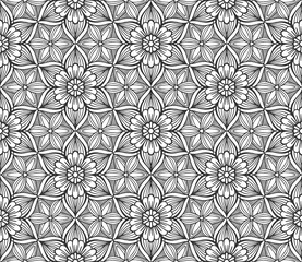 Abstract flower seamless pattern. Floral geometric hexagonal ornament. Black and white limitless background. Endless stylish graphic modern repeat pattern. Fashion monochrome lattice mosaic