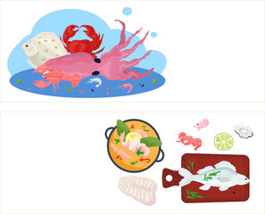 Seafood restaurant set, vector illustration. Sea ocean fish and food banner design, cooking shellfish salmon in menu. Fresh seafood poster