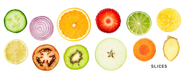 Fruit and vegetable slice set. PNG with transparent background. Flat lay. Without shadow.