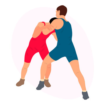 Vector athletes wrestlers in the fight, duel, fight. Figures of strong men. Greco Roman, freestyle, classical wrestling.