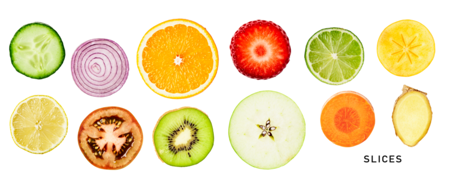 Fruit and vegetable slice set. PNG with transparent background. Flat lay. Without shadow.
