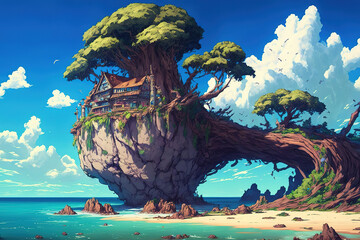 Fototapeta premium fantasy island, anime landscape, house, anime art illustration