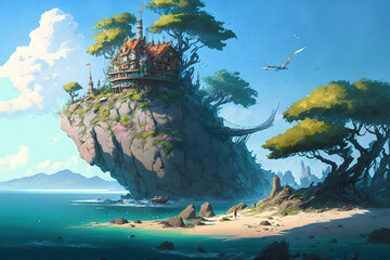 fantasy island, anime landscape, house, anime art illustration