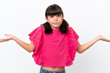 Little caucasian kid isolated on white background having doubts while raising hands