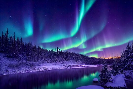 Aurora borealis landscape in nordic arctic forest, pines and snow sunset mattepainting illustration