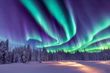 Foto auf Alu-Dibond Aurora borealis landscape in nordic arctic forest, pines and snow sunset mattepainting illustration © R3m0z