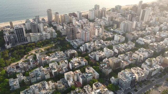 Rich Neighborhood Leblon in Rio De Janeiro Near the Beach and Mountain Golden Hour Drone 