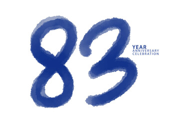 83 year anniversary celebration blue color logotype vector, 83 number design, 83th Birthday invitation, logo number design vector illustration, blue logo brushstroke illustration