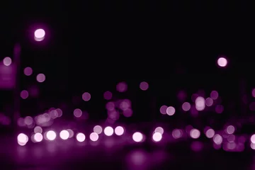 Foto op Canvas Background of night street with defocused light cars and street lamps. Abstract backdrop of bokeh blurred purple lights at city life. Concept of cityscape backgrounds for design. Copy text space © Alex Vog