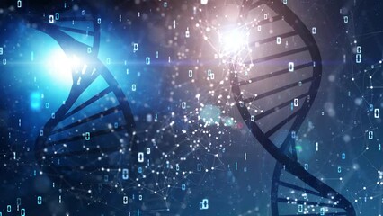 Dna strand rotation on dark glowing blue white digital technology network background with binary numbers animation. Seamless looping. - Powered by Adobe