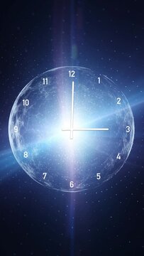 Infinity cosmos time looping clock on a artistic glowing light with sphere, universe science background. Seamless looping vertical background