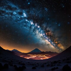 a night sky with a mountain and a road in the foreground and a star filled sky with stars.