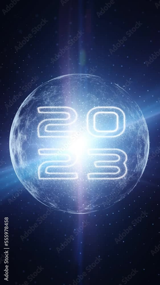 Poster 3d looping digita sphere with year 2023 on a network technology vertical animation background.