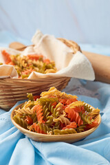 Tricolor raw fusilli pasta Italian food