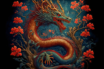 A fantastic illustration of ancient Chinese style theme Dragon. Generative AI	 - obrazy, fototapety, plakaty