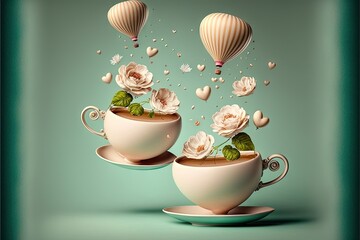 two cups of coffee with flowers and hot air balloons floating above them on a green background with a green border.  Generative AI