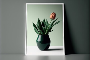 a picture of a vase with a flower in it on a table next to a wall with a picture of a tulip.