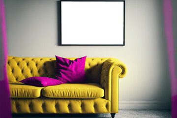 frame mockup in room with a yelllow couch