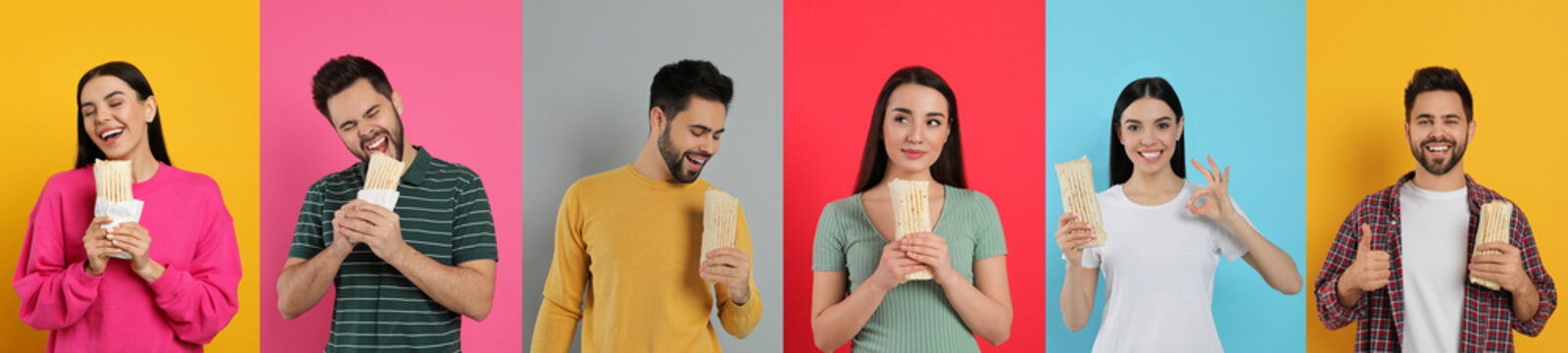 Collage with photos of happy people with tasty shawarmas on different color backgrounds. Banner design