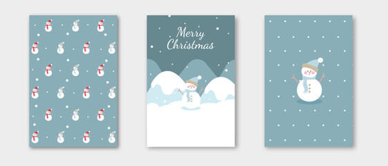 Minimalism merry christmas holiday cover template vector set. Blue snowmen on white and blue background with snow and snowflakes. Design for card, corporate, greeting, wallpaper, poster.
