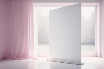 a mockup screen in white room with pink curtains