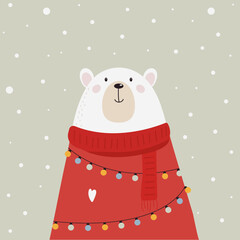 Cute Christmas character. Bear. Merry Christmas and New Year card design template