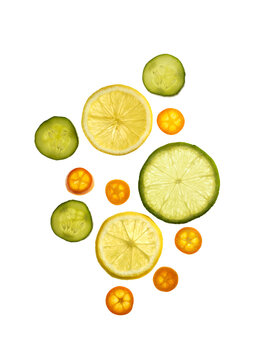 Lemon, lime, cucumber and kumquat slices on white background, studio shot