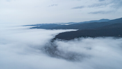 Aerial view of foggy mountain in Bolu,TURKEY.