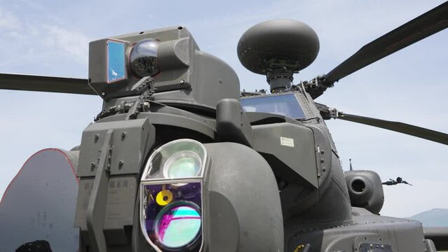 Navigation system on military attack helicopter chopper on display at the Army Aviation Centre