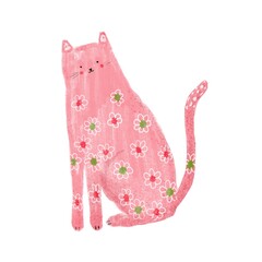 Cute pink cat with floral pattern. Hand drawn illustration. - 555981027