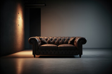 brown leather couch in dark modern stylish room