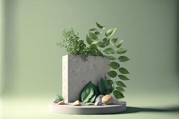 a plant growing out of a concrete block on a green background with a shadow of a rock and leaves.