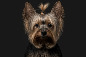 Cute yorkshire terrier dog on black background, generative ai