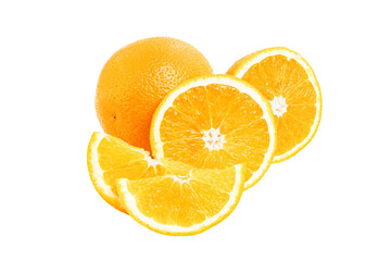 Orange citrus fruit pieces, whole, half and slice isolated on white background