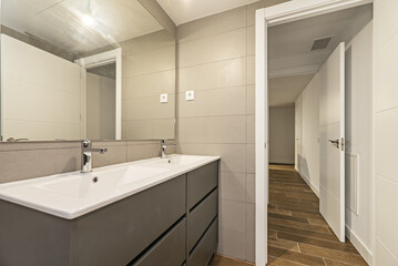Fototapeta na wymiar Bathroom with gray wood cabinets with drawers and a double porcelain sink under a large frameless rectangular mirror