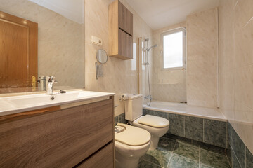 Bathroom with wooden furniture, porcelain sinks, shower column in the bathtub and green tiles on the floor