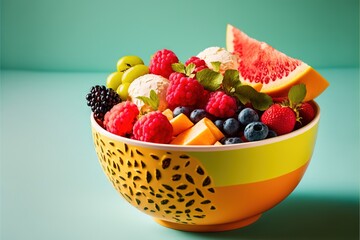 a bowl of fruit is shown on a table top with a green background and a blue background behind it.