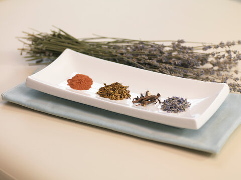 Dried Leaves, Roots and Spices in Dish