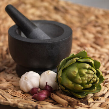Garlic, Onions and Artichoke with Mortar and Pestle