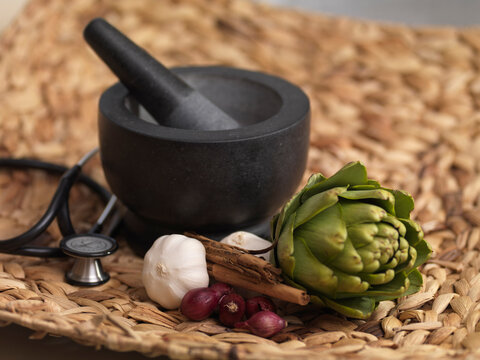 Still Life of Mortar and Pestle and Medicinal Plants