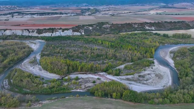 Landscape of the Aragon river in the surroundings of the town of Arr&eacute;s. Aerial view from a drone. Municipality of Bailo.The Jacetania. Huesca, Aragon, Spain, Europe