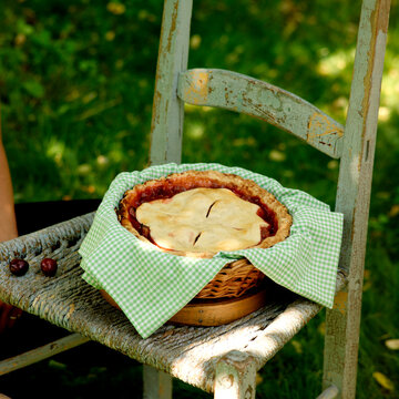 Cherry Pie Cooling Outside on Chair