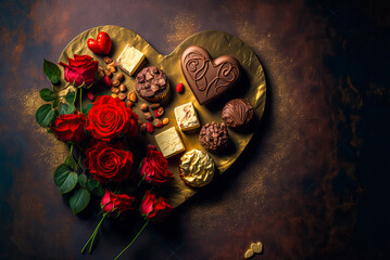 Valentine's Day flat lay, heart, roses, chocolate. Generative AI