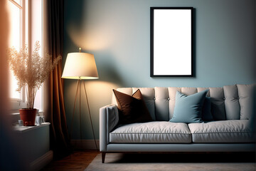 frame mockup in a living room with grey couch