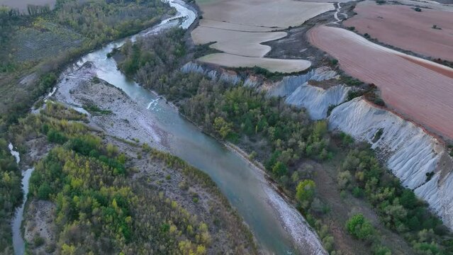 Landscape of the Aragon river in the surroundings of the town of Arr&eacute;s. Aerial view from a drone. Municipality of Bailo.The Jacetania. Huesca, Aragon, Spain, Europe