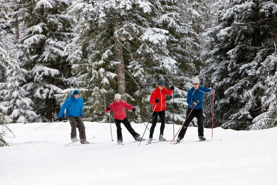 Couples Cross Country Skiing, Whistler, British Columbia, Canada